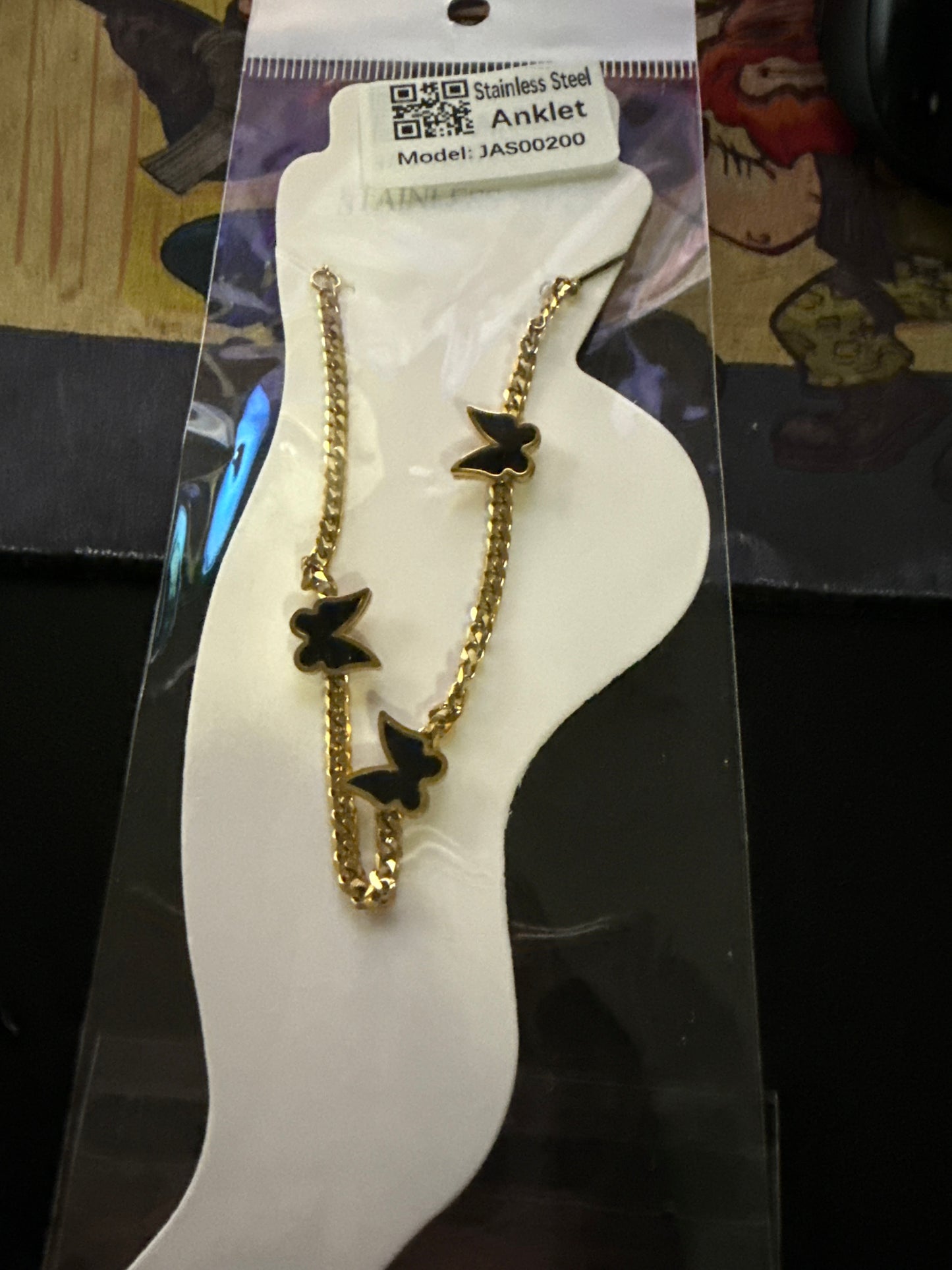 Stainless Steel Black Butterfly Anklet